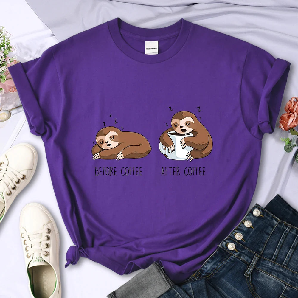 Before Coffee After Coffee Kawaii Sloth T Shirt for Women Casual Fashion Short Sleeve Breathable Tee