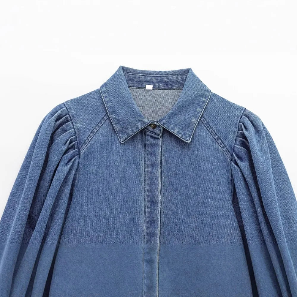 Women's Denim Cropped Shirt with Vintage Loose Lapel Puff Sleeves Single-Breasted Solid Color Blouse Chic Spring Summer Top