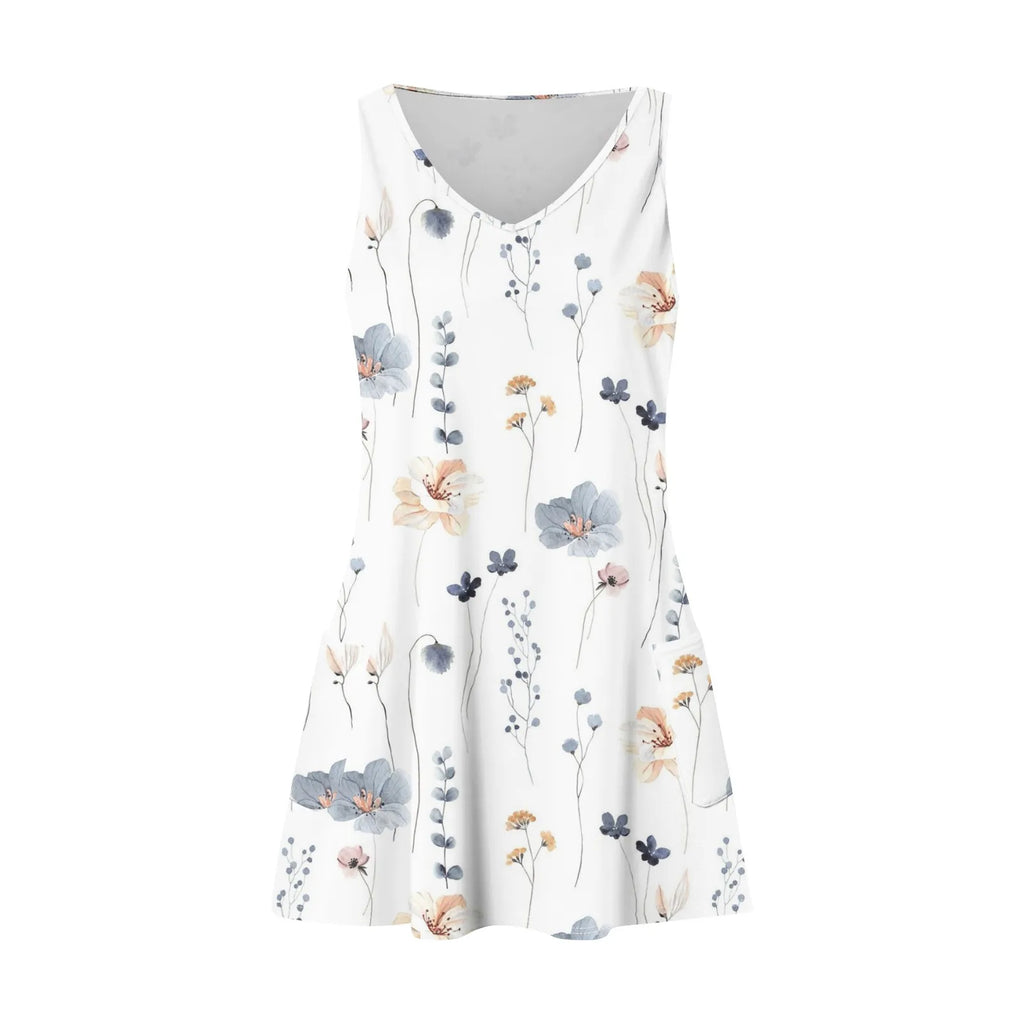 Floral Print Beach Dress Sleeveless V Neck Mini With Pockets