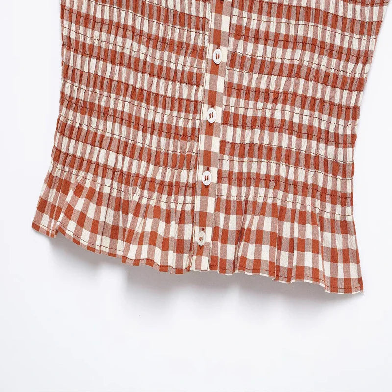 Women's Plaid Halter Crop Top with Backless Design and High Waist Vintage Maze Pattern Skirt Set