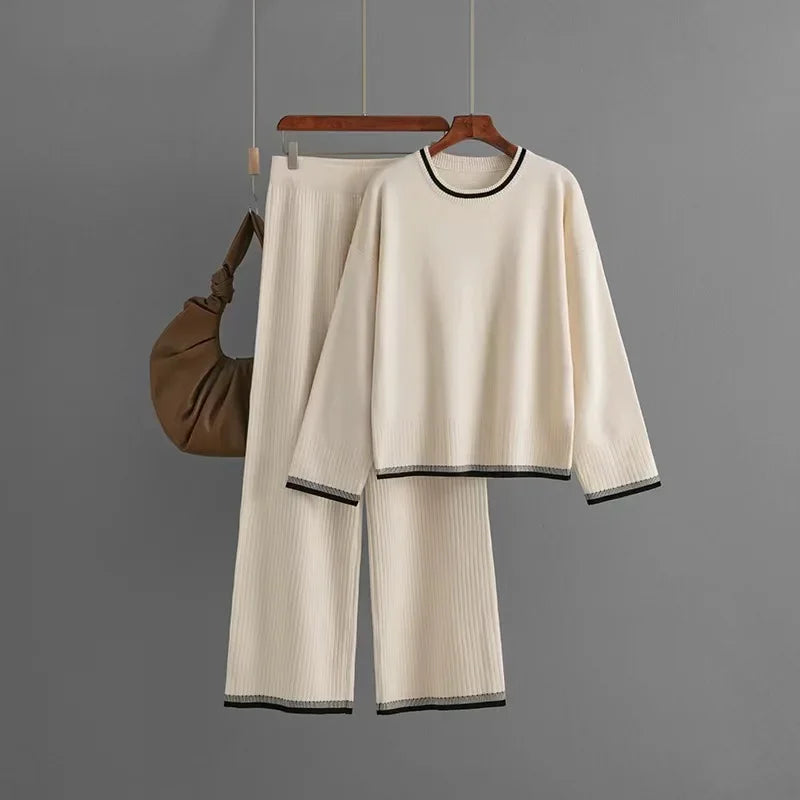 Elegant O-neck Long Sleeve Pullover and Wide Leg Pants 2 Piece Set for Women Casual Spring Outfits