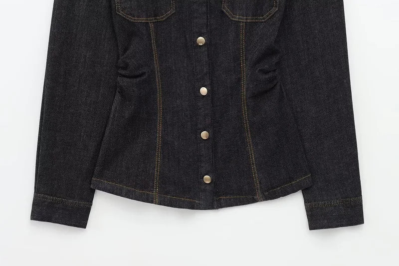 Denim Two Piece Women's Outfit with Button Up Shirt and High Waist Trousers Set