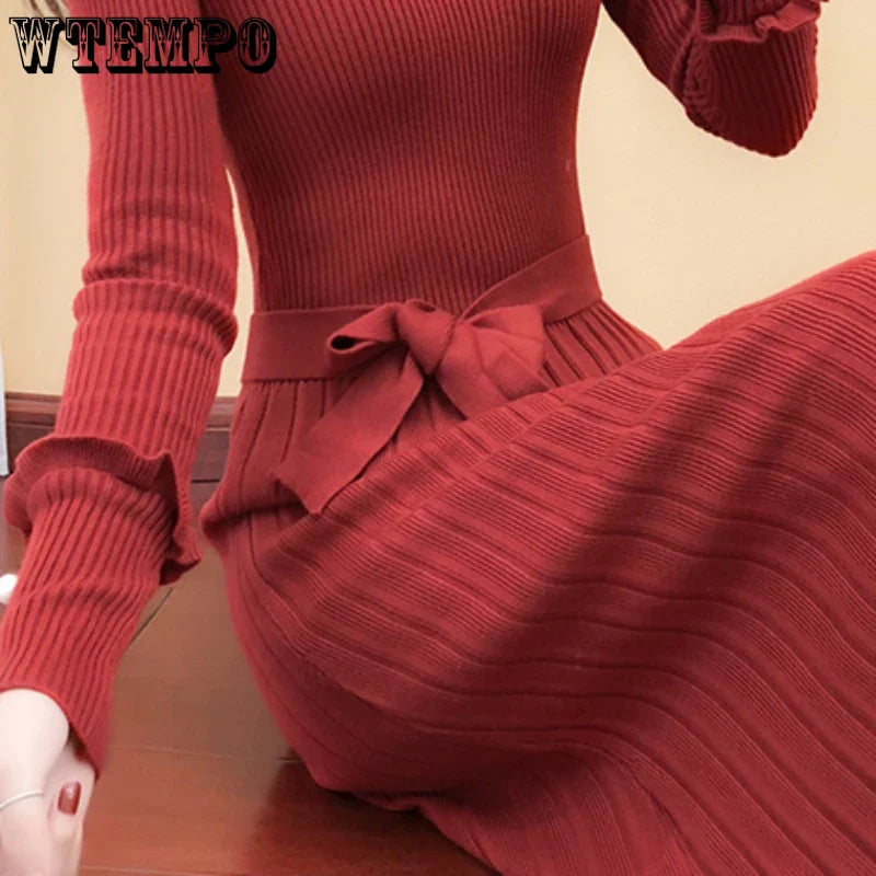 Korean Style Belted Knit Sweater Dress With Long Sleeve