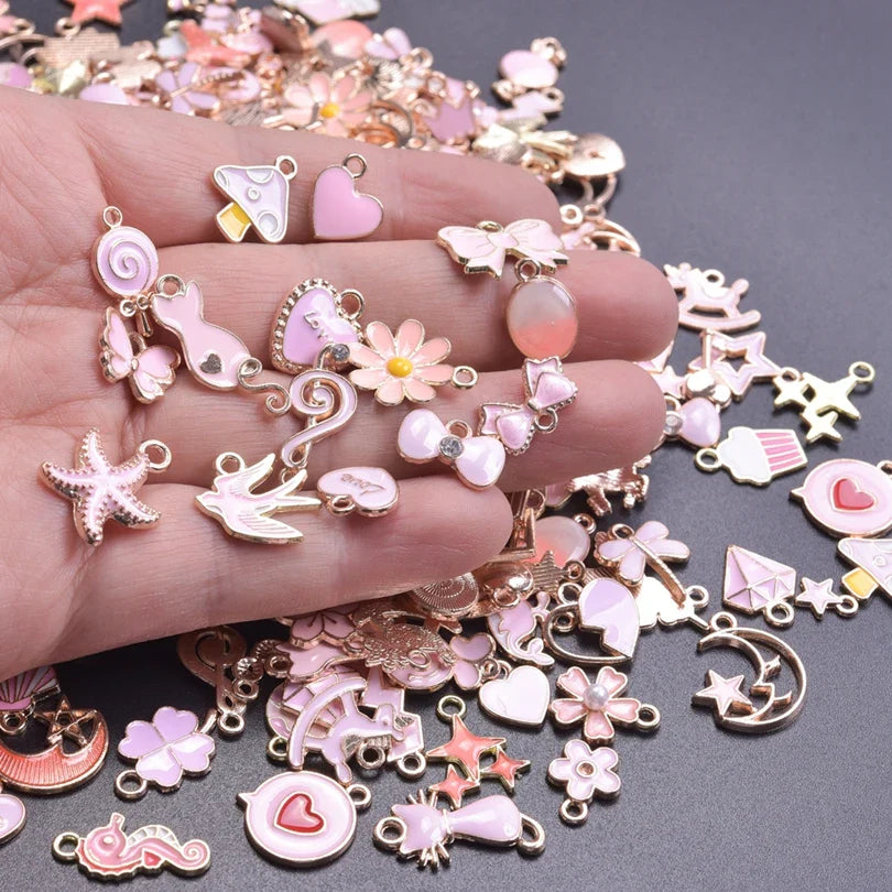 50 Pieces Mixed Style Pink Drip Oil Charms Animal Heart Flower Moon Pendants for DIY Jewelry Making
