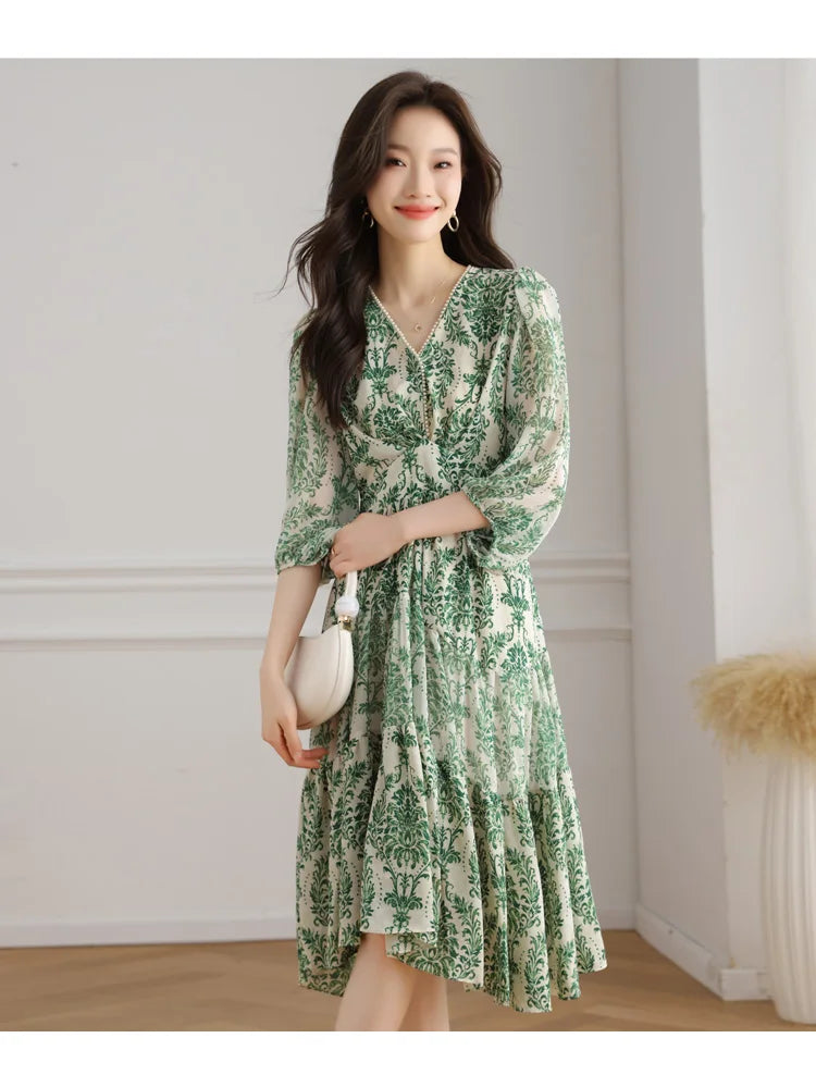 Floral Chiffon Dress For Women V Neck A Line Dress
