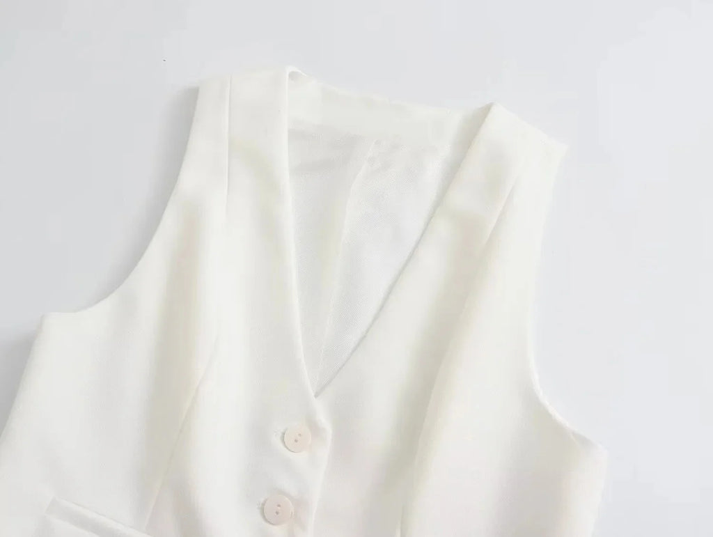 Casual Solid Color V Neck Sleeveless Single Breasted Vest With Elegant Mid Waist Wide Leg Pants Set