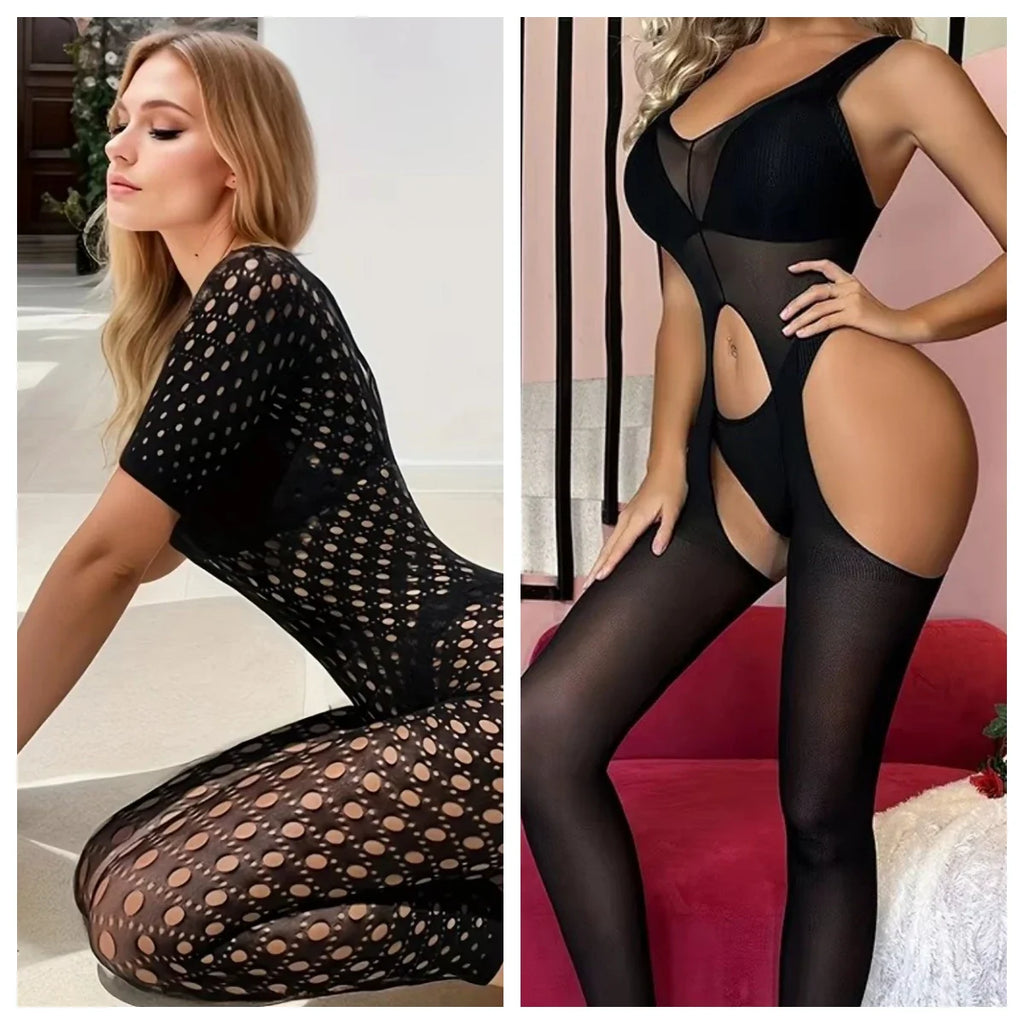 Women's Sexy Full Body Fishnet Jumpsuit Bodysuit Mesh See-Through Lingerie Bodystocking Nightwear with Long Sleeves and Stretch Fit