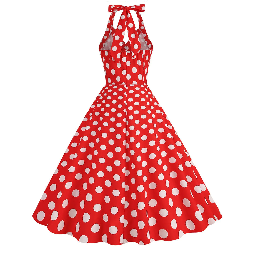 Retro Polka Dot Lace Up Backless Dress With Swing Puff