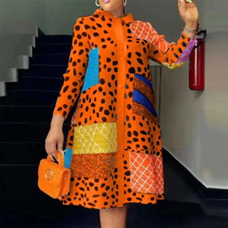 Boho Leopard Print Shirt Dress With Lapel Long Sleeve