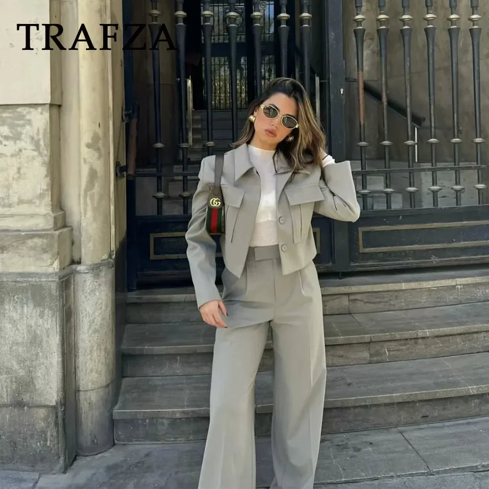 Casual Women Solid Suit Set with Pockets Turn Down Collar Short Jacket and Chic Wide Leg Pants for Spring and Summer Streetwear