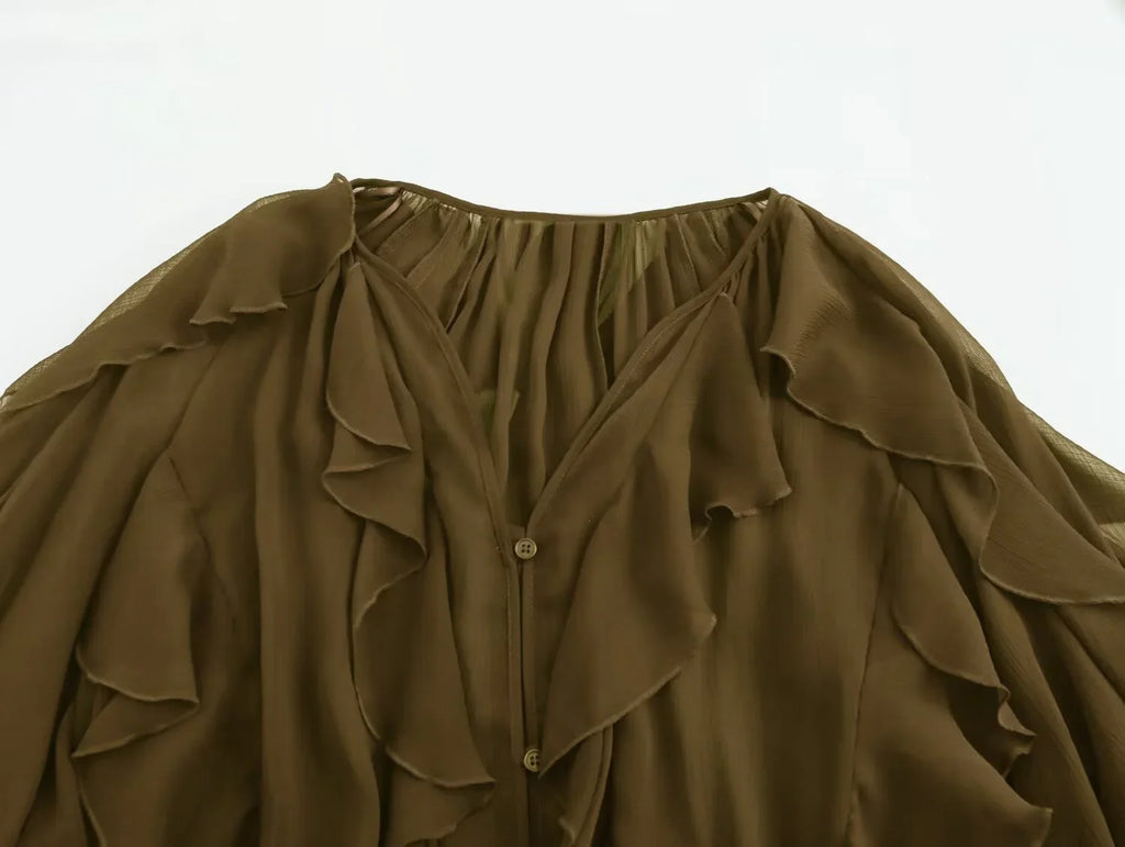 Elegant Women's V-Neck Layered Decorative Shirt with Chic Temperament Design