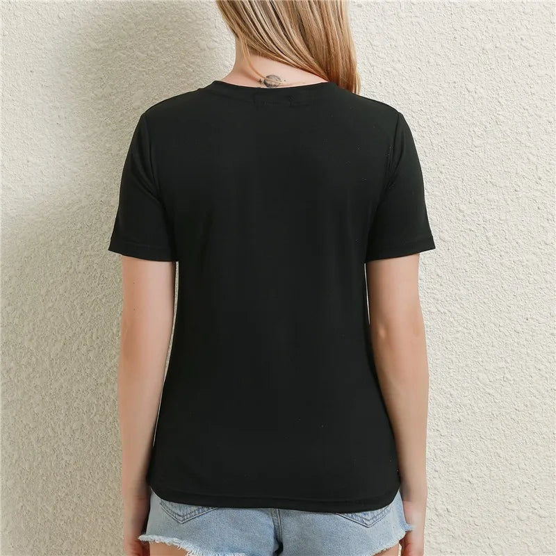 Casual Women V-Neck Loose White T-Shirt Summer Short Sleeve Polyester Top