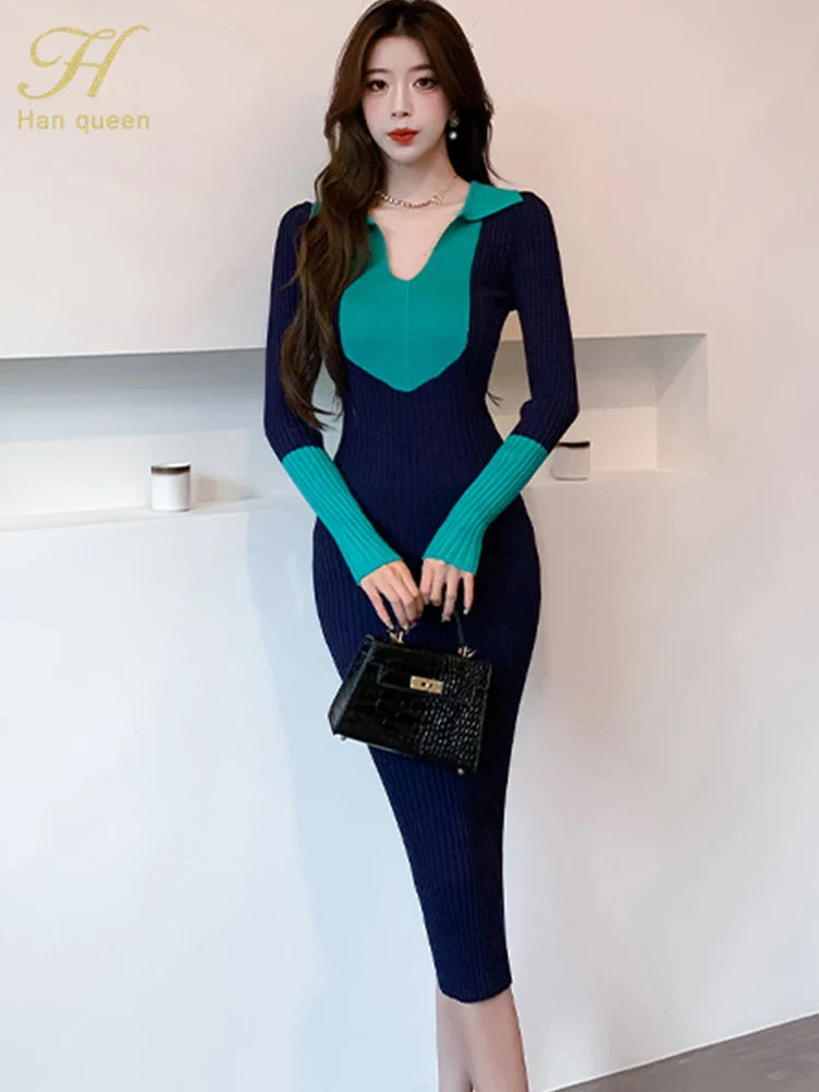 Korean Style Knit Dress Long Sleeve Color Block Lace