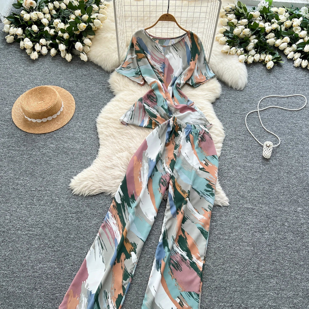 Printed Women Summer Fashion Two Piece Set with Short Sleeve Top and Wide Leg Long Pants for Casual Streetwear Outfits