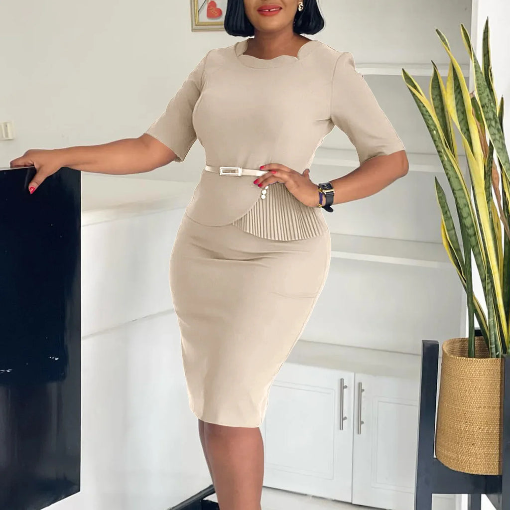 Women Square Neck Bodycon Midi Dress Belted For Work