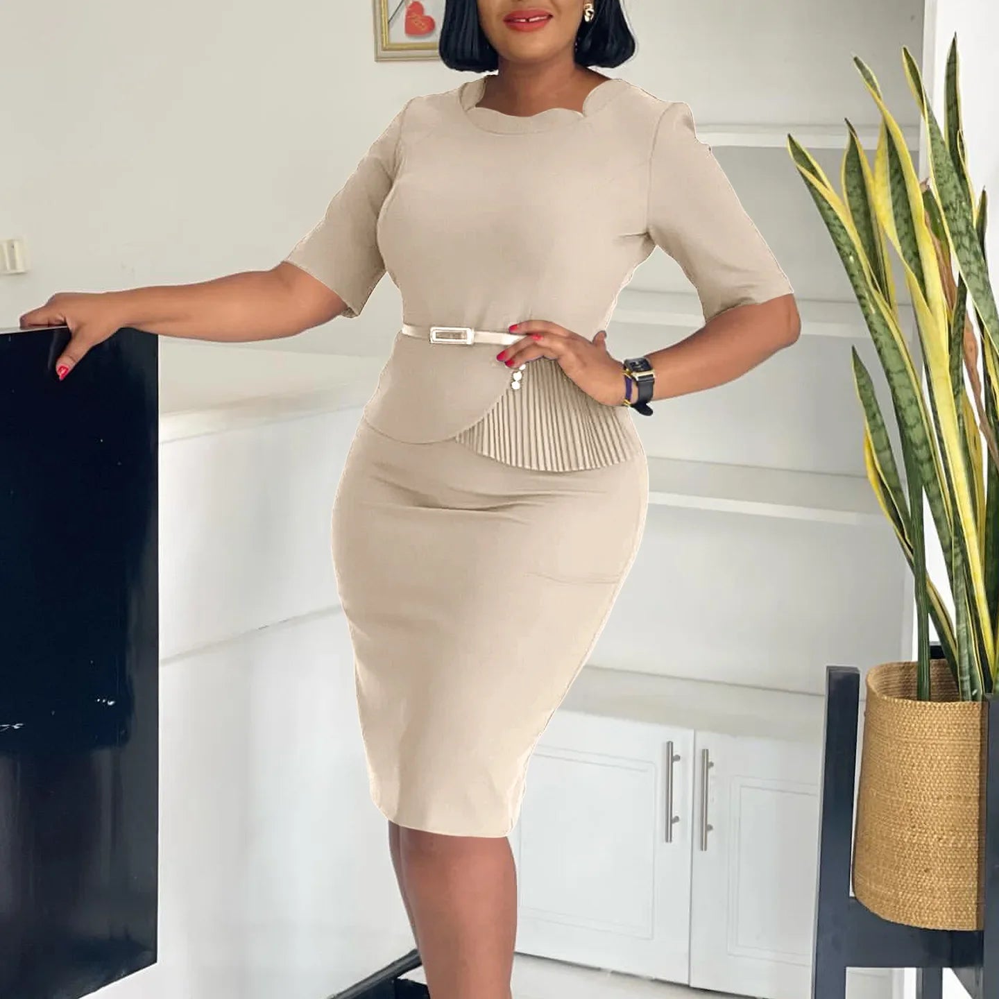 Women Square Neck Bodycon Midi Dress Belted For Work