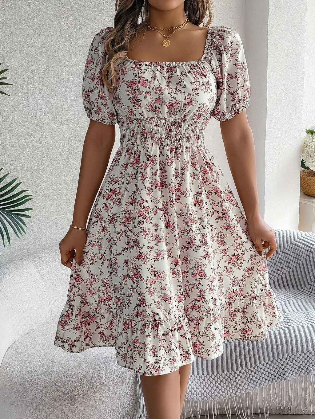 Floral Print Square Neck Dress With Shirred Waist Detail