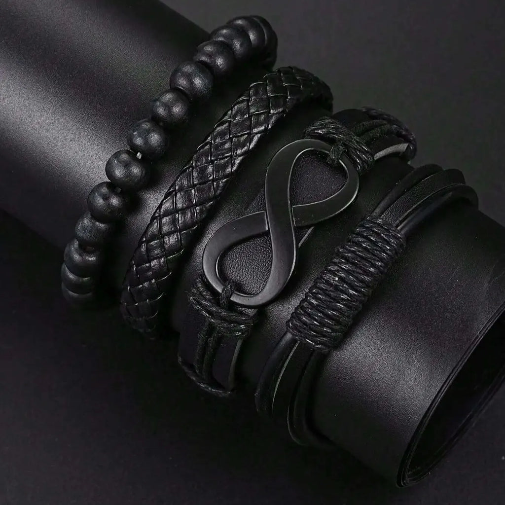 Fashionable PU Leather Beaded Bracelet Set With Quartz Watch And Cross Pendant Necklace For Men