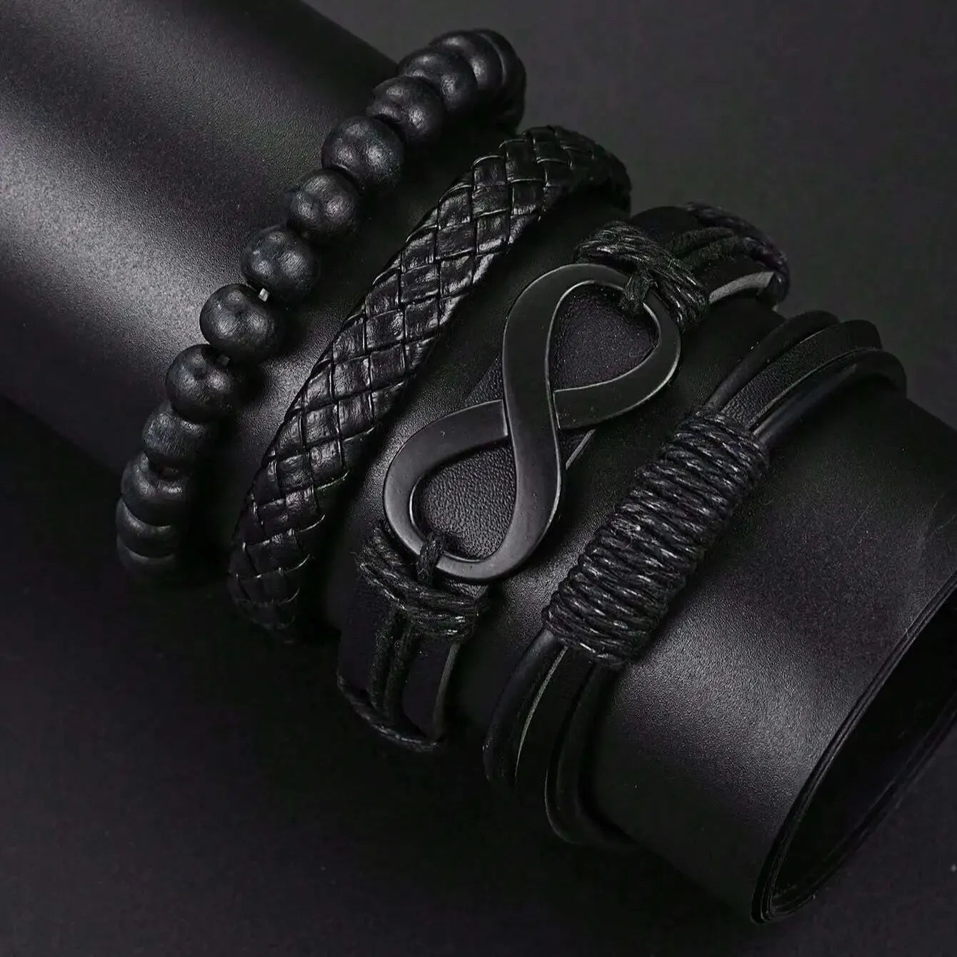 Fashionable PU Leather Beaded Bracelet Set With Quartz Watch And Cross Pendant Necklace For Men