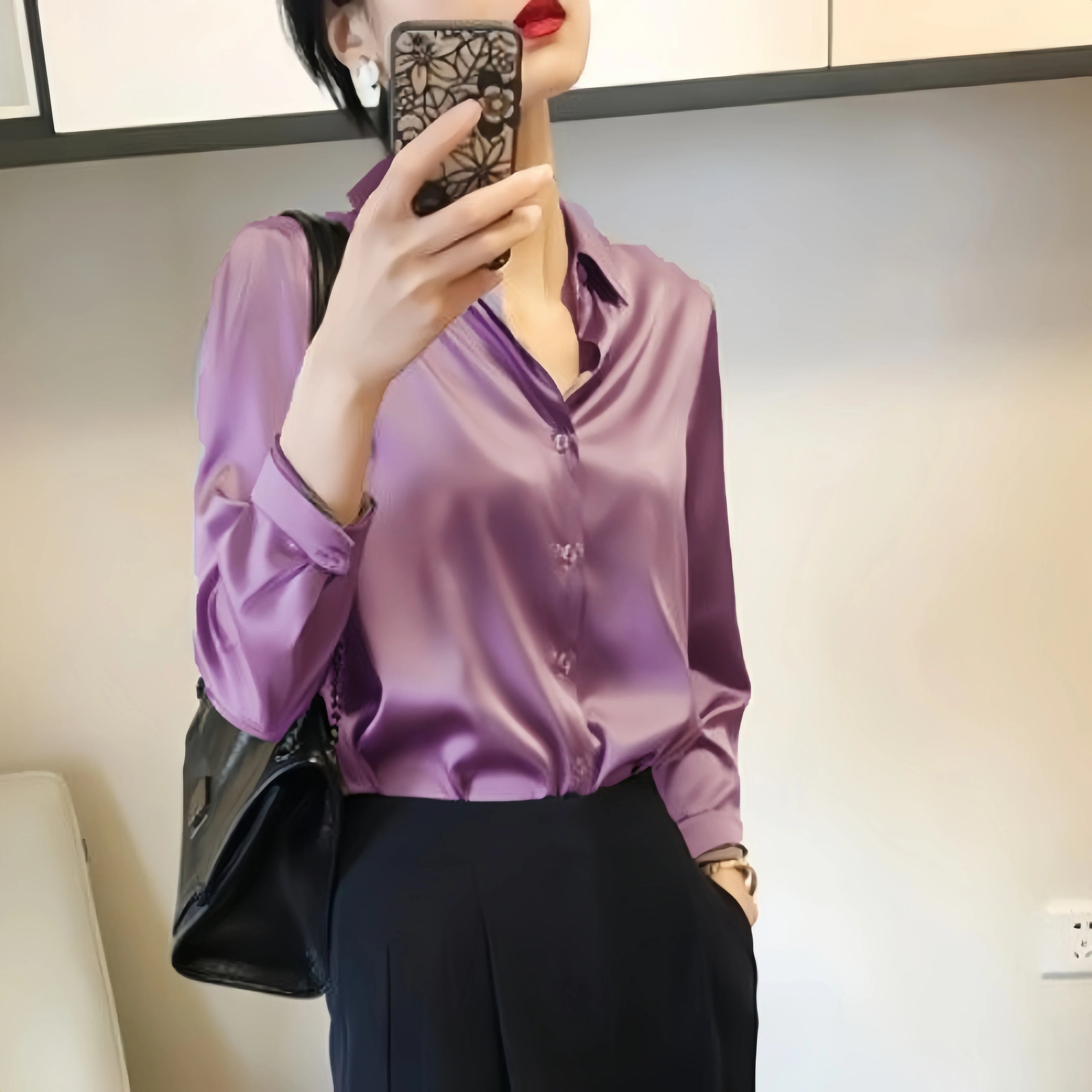 Satin Finish All-Match Blouse for Women Long Sleeve Casual Elegant Button Down Shirt Solid Color French Style Office Top