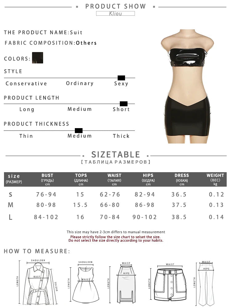Shiny Solid Two Piece Set for Women Sexy Wrapped Chest Crop Top and Irregular Shape Skinny Hip Skirt Midnight Party Clubwear