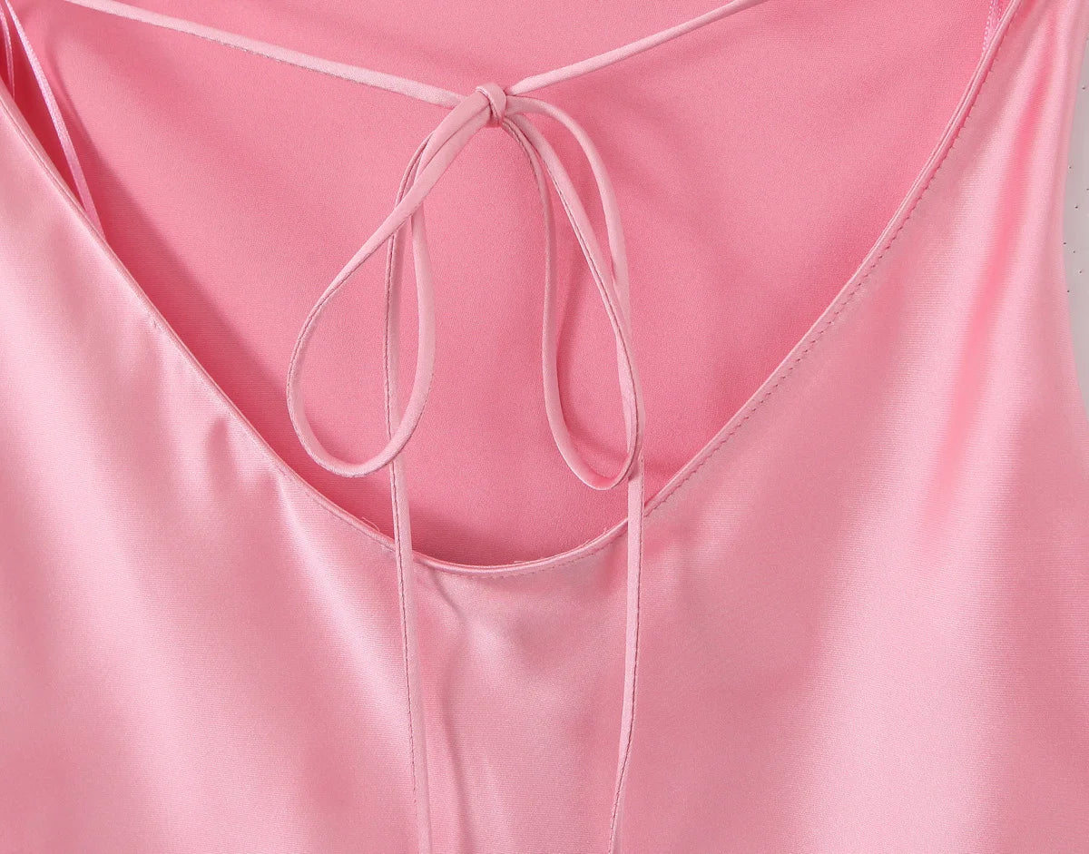 Sexy Satin Backless Suspender Dress Solid Color Glamour