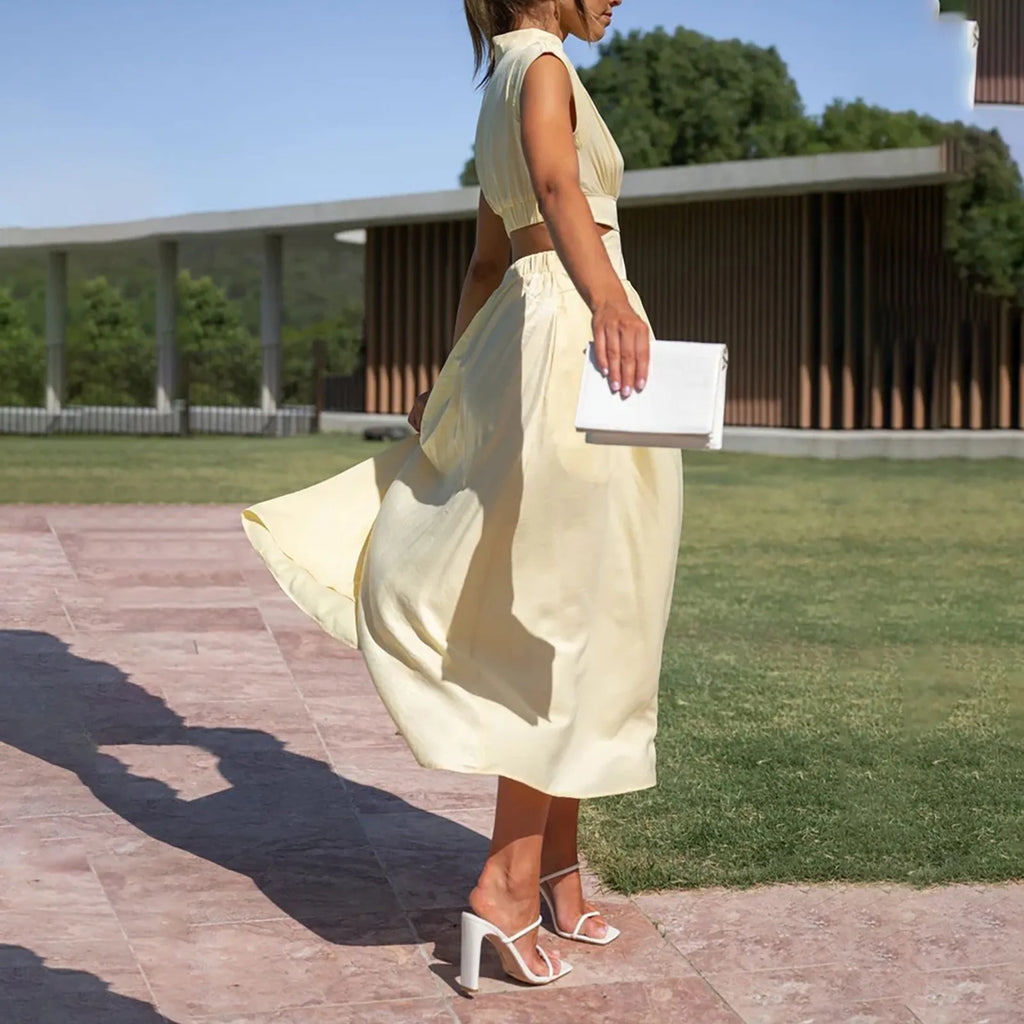 Solid Color High Waist Maxi Dress Sleeveless With Pockets