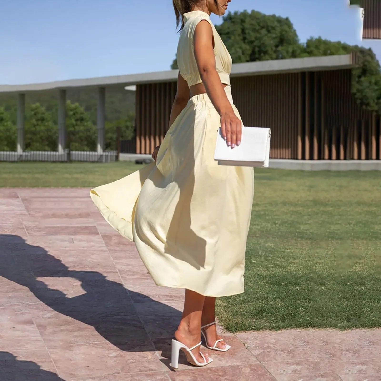 Solid Color High Waist Maxi Dress Sleeveless With Pockets