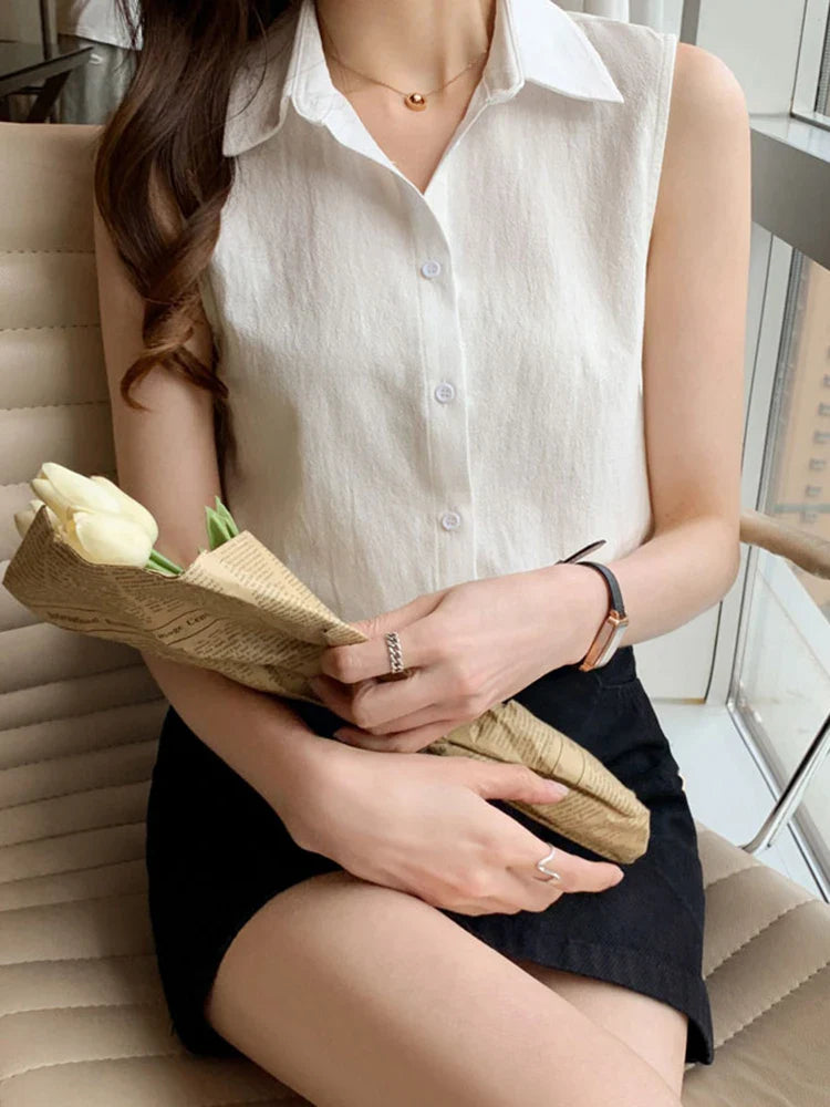 Sleeveless Turn-Down Collar Blouse for Women Elegant OL Style Workwear Shirt Lightweight Summer Top