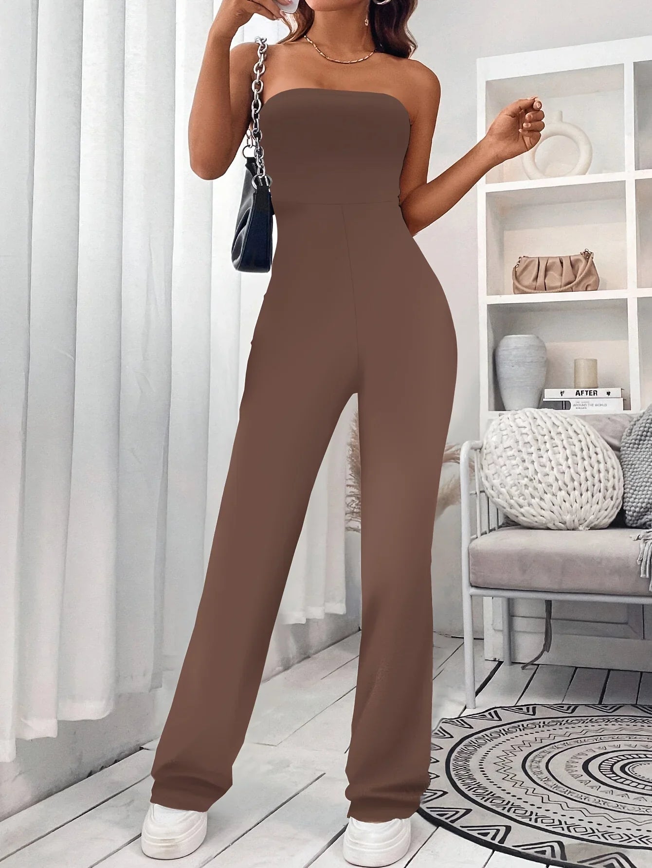 Elegant Women's Bustier Jumpsuit Slim Fit Solid Color One-Piece Pants Hip-Lifting Leg Design