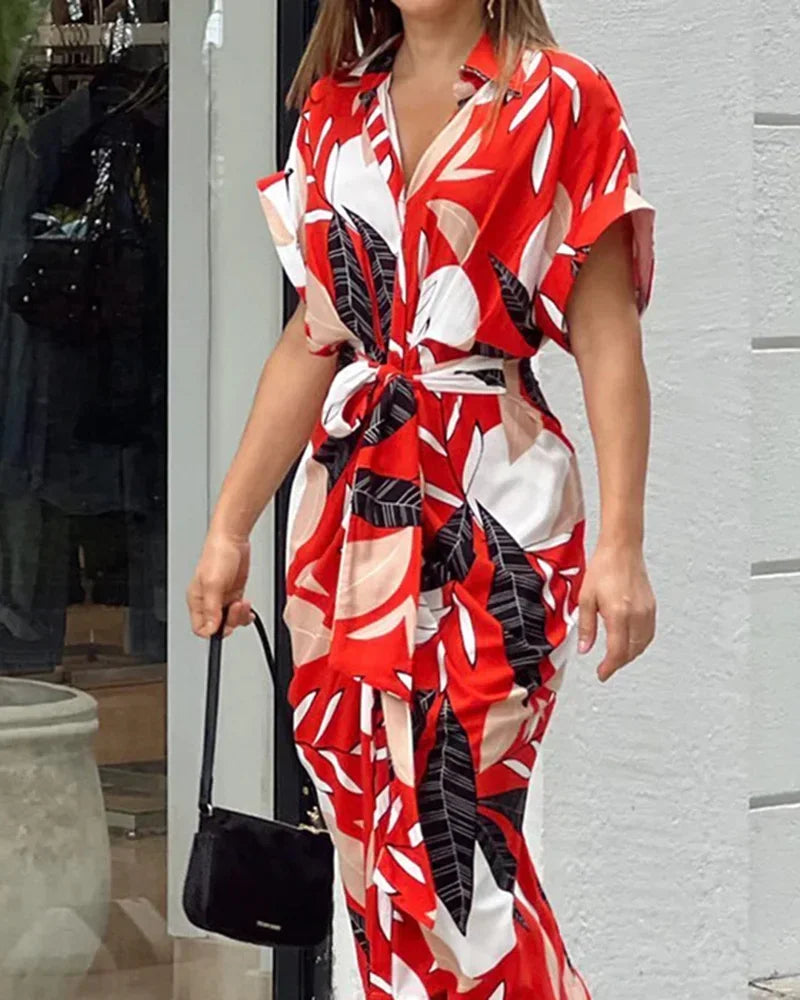 Womens Summer Casual Printed Dress With Flip Collar Belt