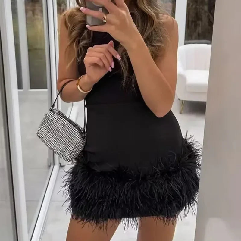 Black Feathered Bodycon Dress For Women Sleeveless Mini