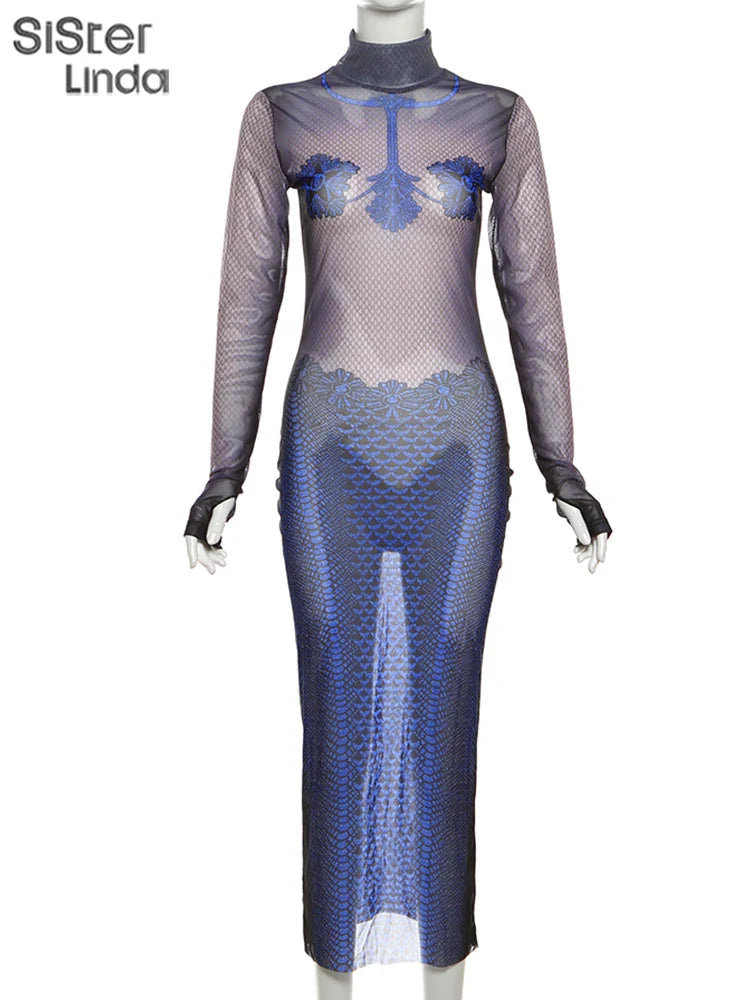 Girls Floral Print Midi Dress Long Sleeve High Collar