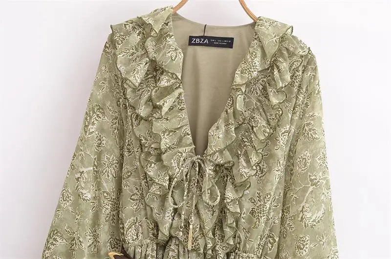 Chiffon Print V Neck Dress For Women Elegant Long Evening