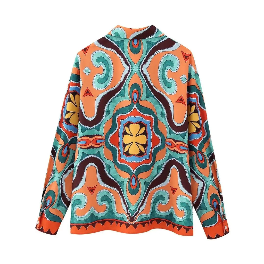 Women Vintage Long Sleeve Blouse with Abstract Print Casual Shirt Top