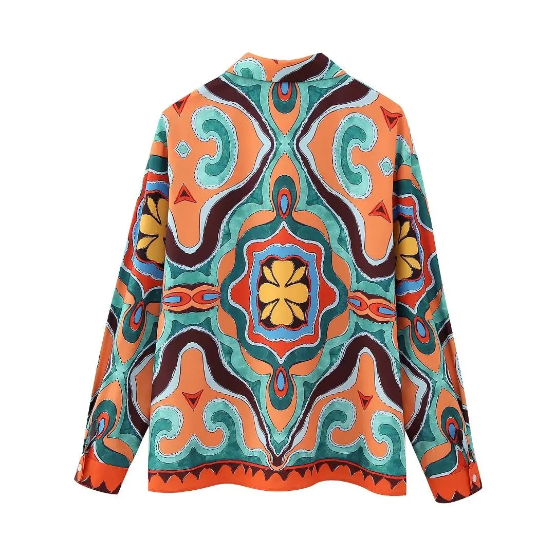 Women Vintage Long Sleeve Blouse with Abstract Print Casual Shirt Top