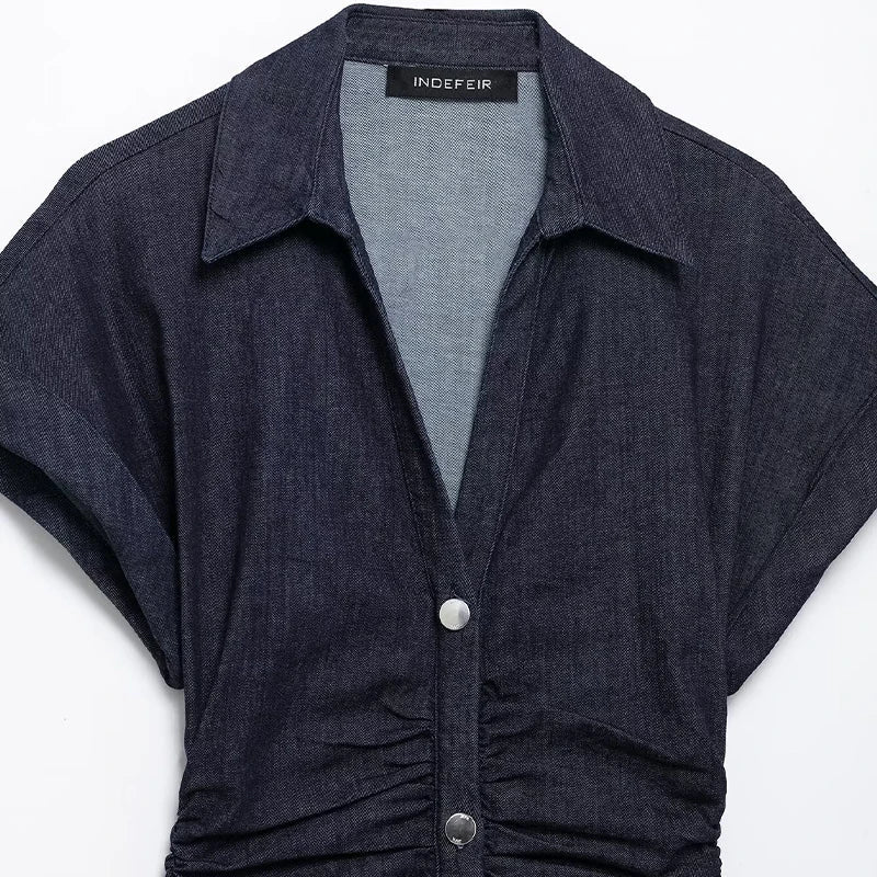 Denim Pleated Midi Dress Blue Short Sleeves Lapel Neck