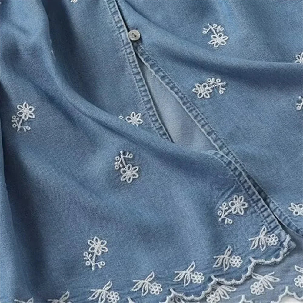 Womens V Neck Embroidered Dress Casual Elegant Short Sleeve