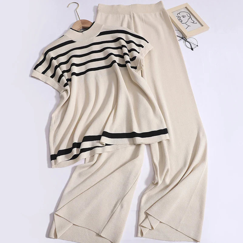 Women Knit Striped Two Piece Set Casual Short Sleeve Top and Loose Trousers Outfit