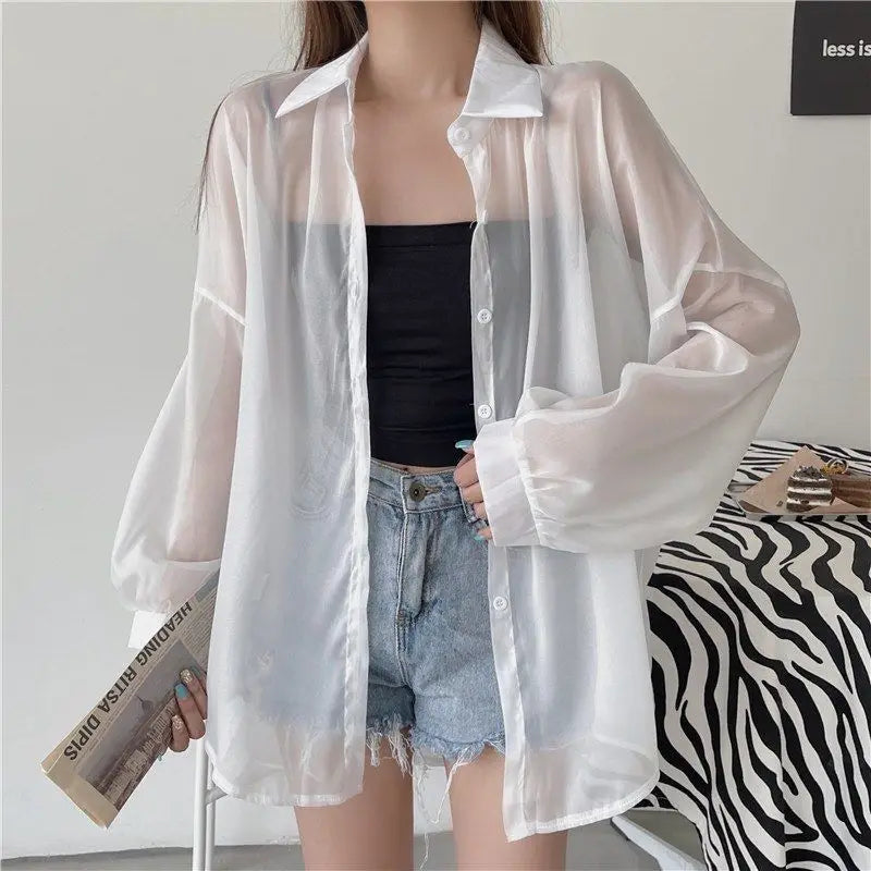 Women's Lightweight Sheer Chiffon Sunscreen Blouse Loose Fit Breathable Summer Shirt All Match Sun Protection Top