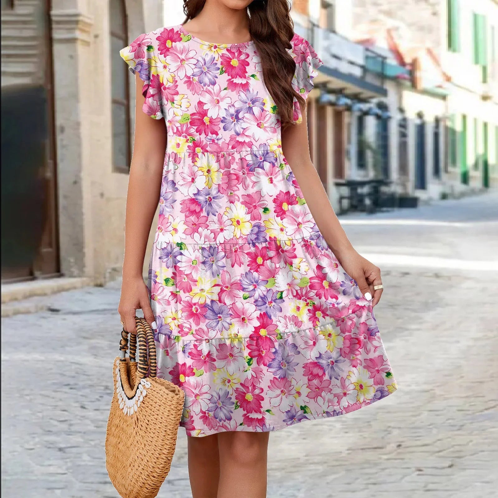 Summer Knit Print Casual Dress With Flowy Sleeves For Women