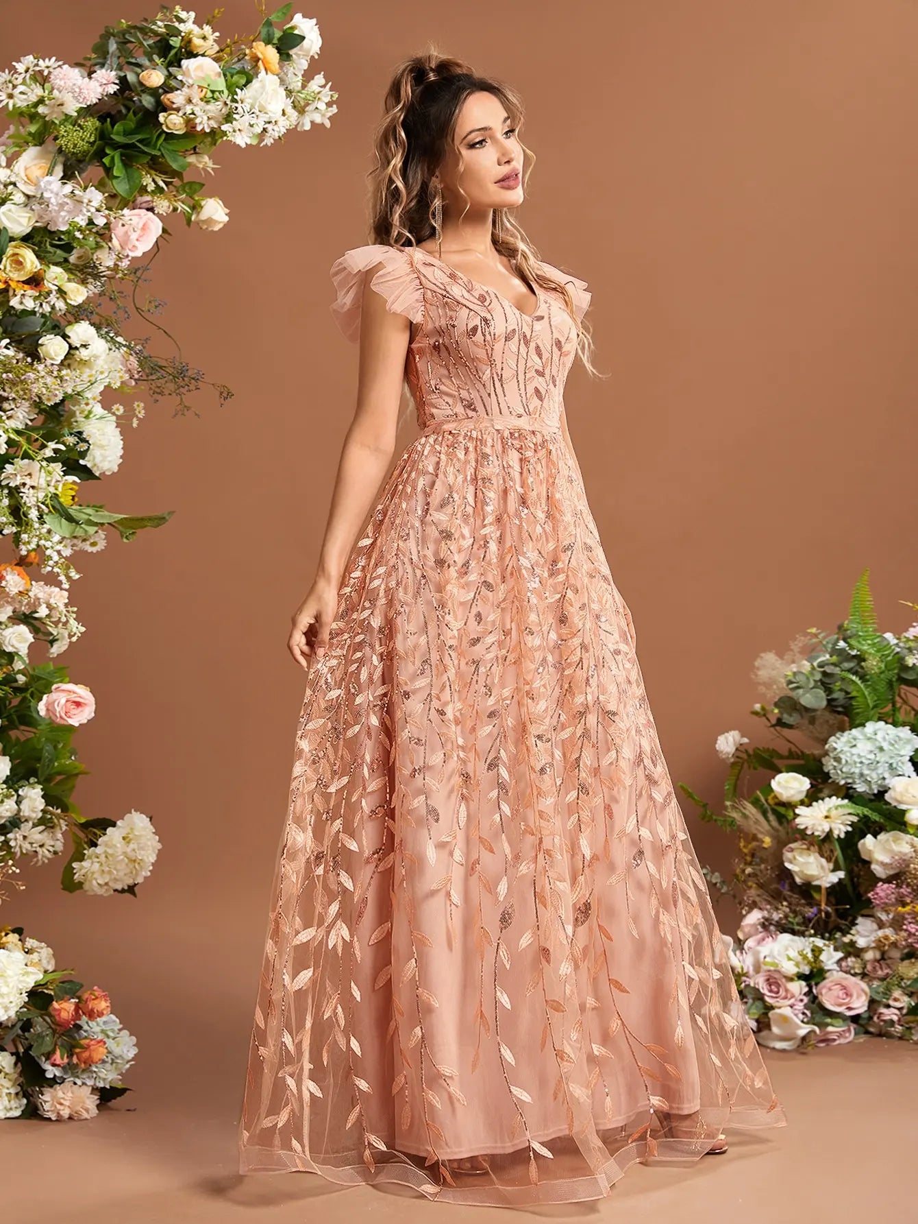 Lace Mesh Evening Gown With Ruffled Sleeves Ball Dress