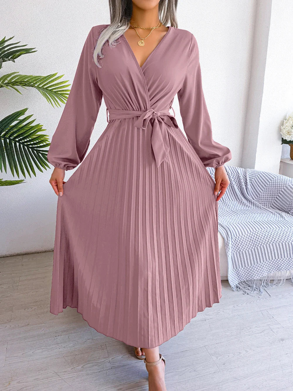 Elegant Surplice Neck Pleated Maxi Dress With Belt Flair