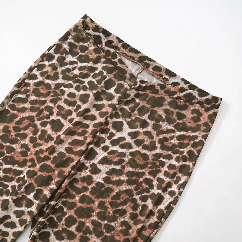 Leopard Print Mesh Long-Sleeved See-Through Sexy Set with Lace-Up Bustier, Short Shawl and Elastic Waist Pants