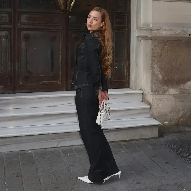 Denim Two Piece Women's Outfit with Button Up Shirt and High Waist Trousers Set