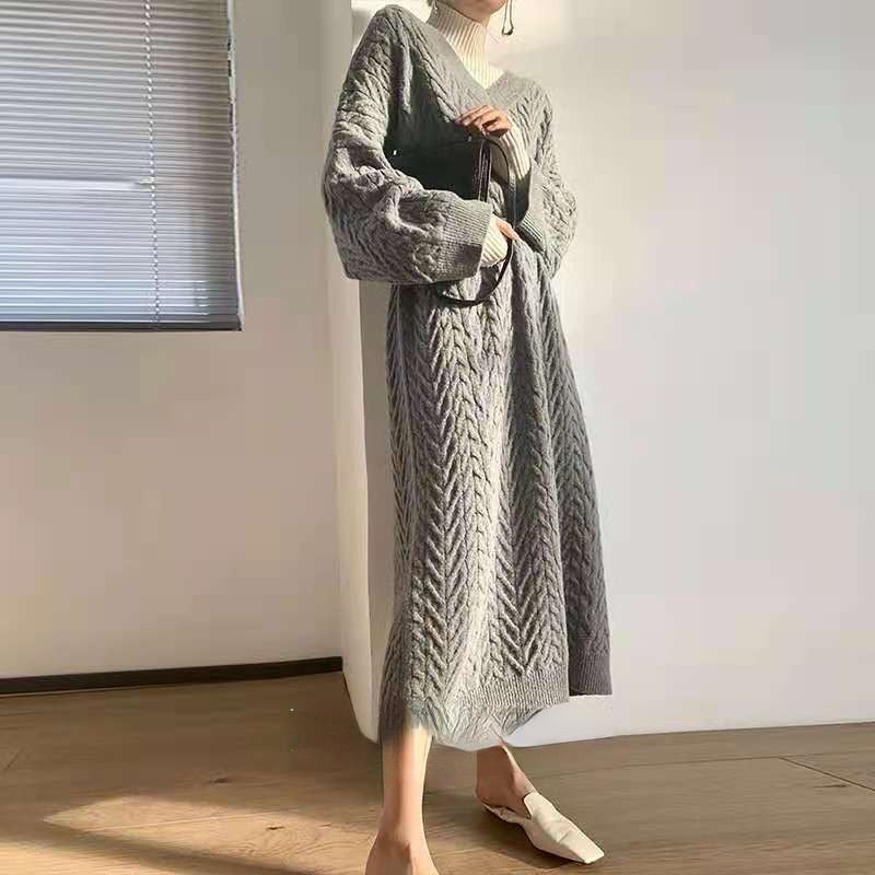 Autumn Knit Sweater Dress Long Sleeve V Neck Women