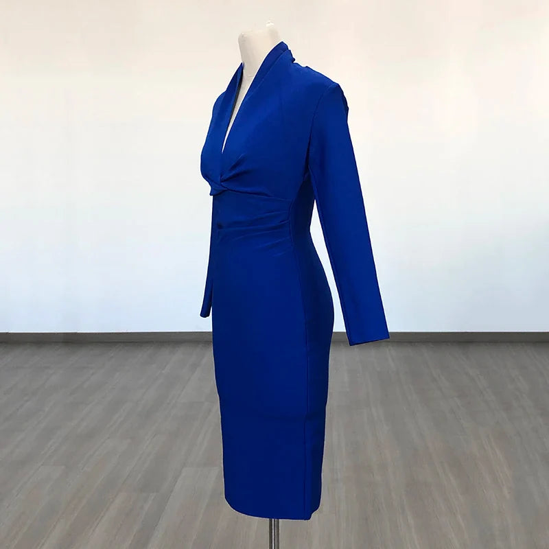 Colorful Deep V Bandage Dress Long Sleeve Bodycon Dress