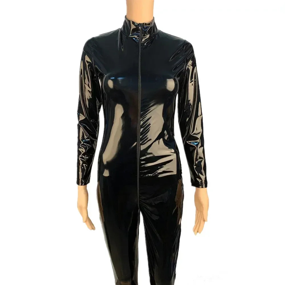 Womens Wet Look PU Leather Jumpsuit Long Sleeve Shiny Latex Bodysuit Zipper Open Crotch Stretch Clubwear Plus Size