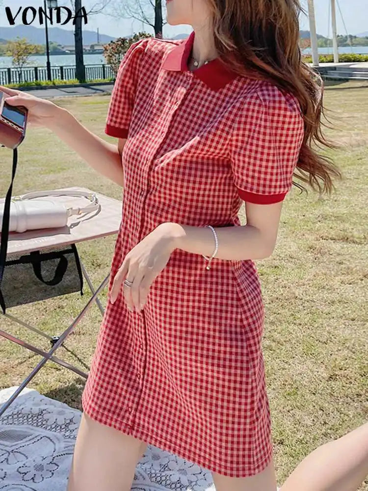 Boho Plaid Mini Dress Puff Sleeve A Line Sundress Style