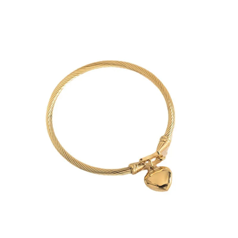 18k Gold Color Stainless Steel Heart Pendant Charm Bangle Bracelet for Men and Women